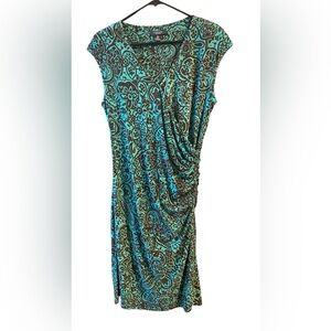 Chaps- Teal and Brown Paisley Dress V-Neck with Side Ruching- Size L